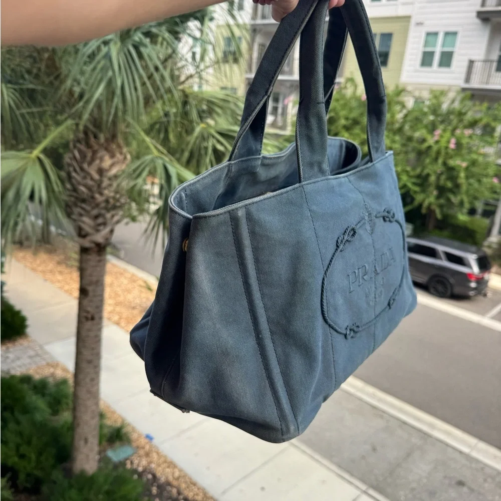 🛑 SOLD 🛑 Prada Blue Denim Canapa Tote Bag | Authentic Prada Logo Handbag COA - Picture 6 of 17